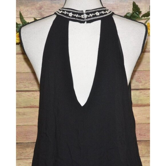 Entro Black Sleeveless A-Line Mini Dress L Floral Cream Embroidery High Neckline - Picture 8 of 13